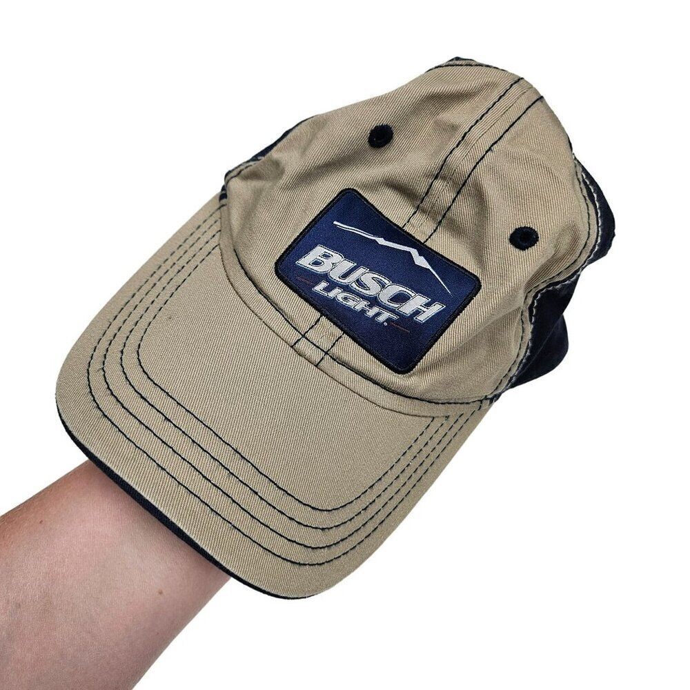 Busch Light Trucker‎ Hat Adjustable Fit Tan & Navy 713 Headwear Hook Loop strap